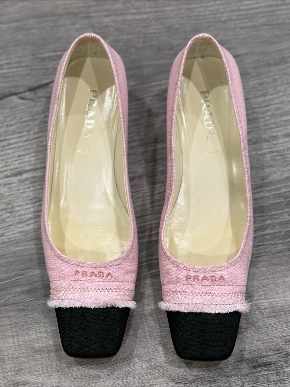 Vintage VTG PRADA Pink Canvas Fringe Heels Shoes w/ Black Toe size 36.5, US 6.5